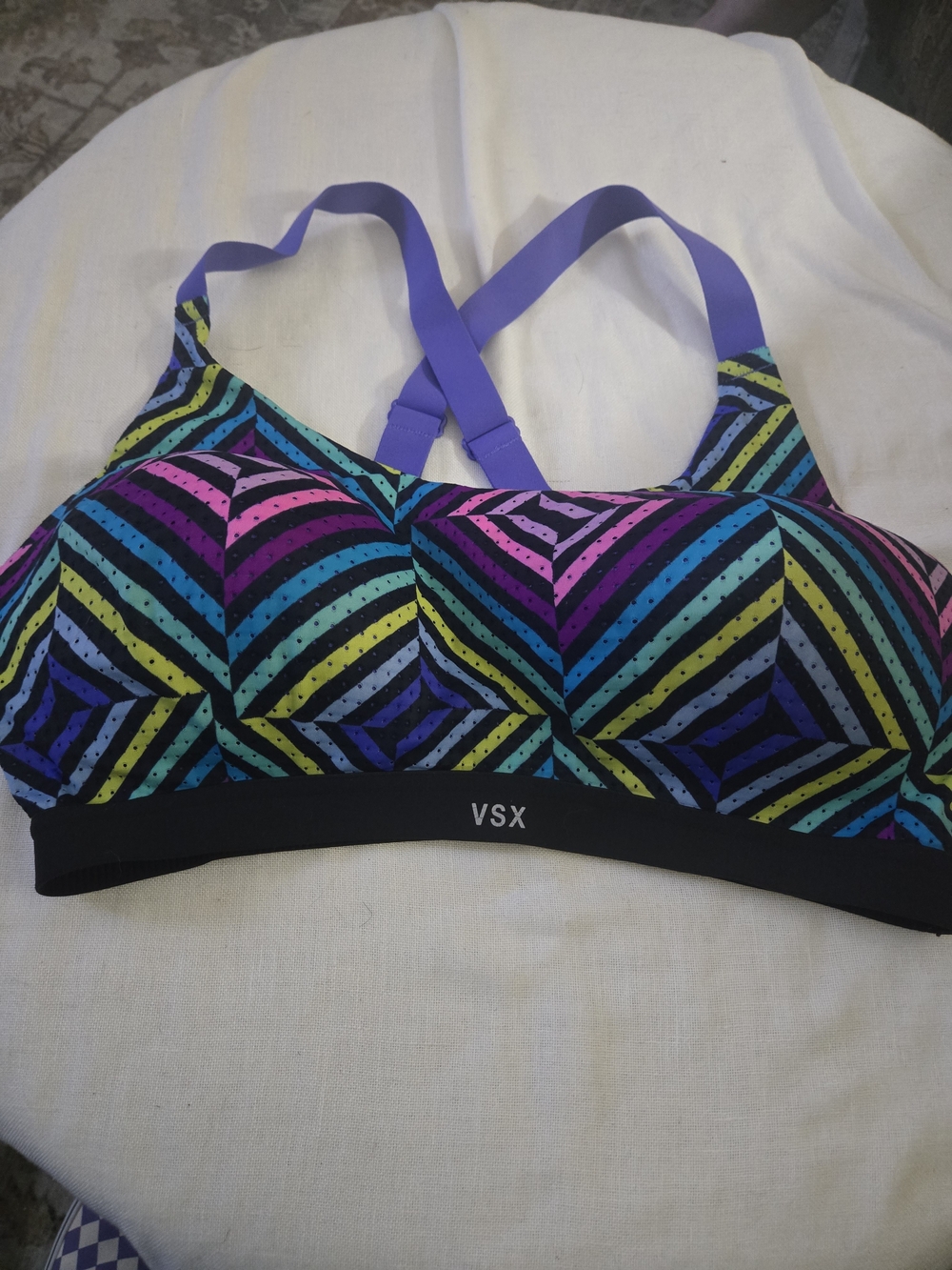 Victoria Secret Sport Multicolor Geometric Sports Bra with Purple Straps
